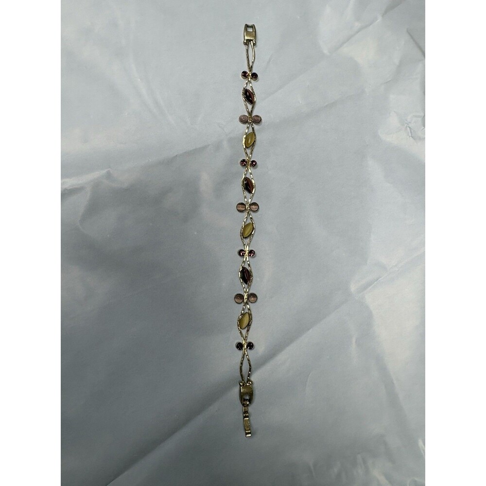 Vintage Gold Tone Bracelet Multicolor Rhinestone Navette Floral Link Delicate
